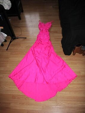 Women's Hot Pink Evening Gown - Sleeveless Ruched Dress